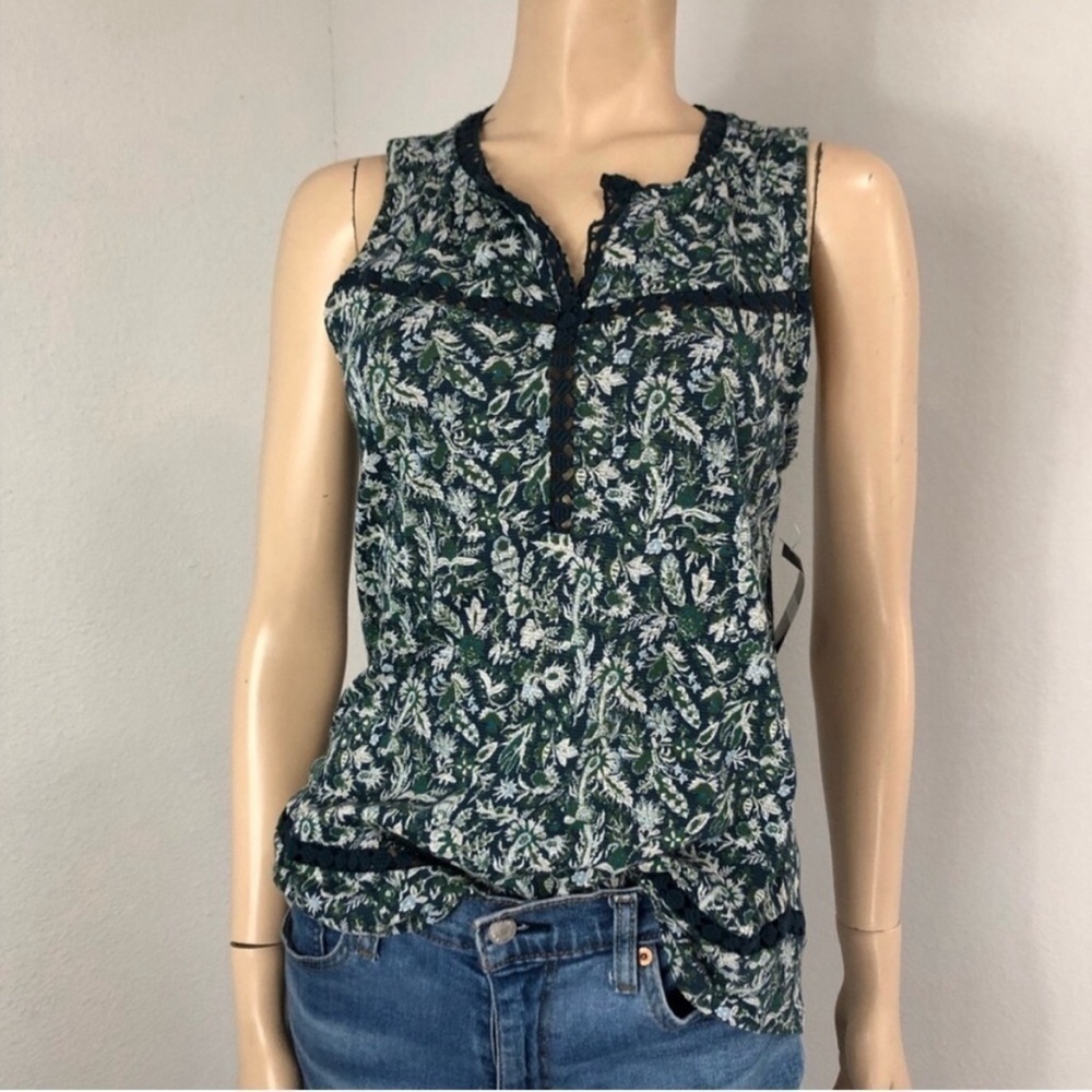 LUCKY BRAND lace/embroidery sleeveless top/blouse retro green, blue size:S/P